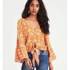 American Eagle Boho Flowy Cropped Long Bell Sleeve Tie Blouse Floral 70s Sz XS